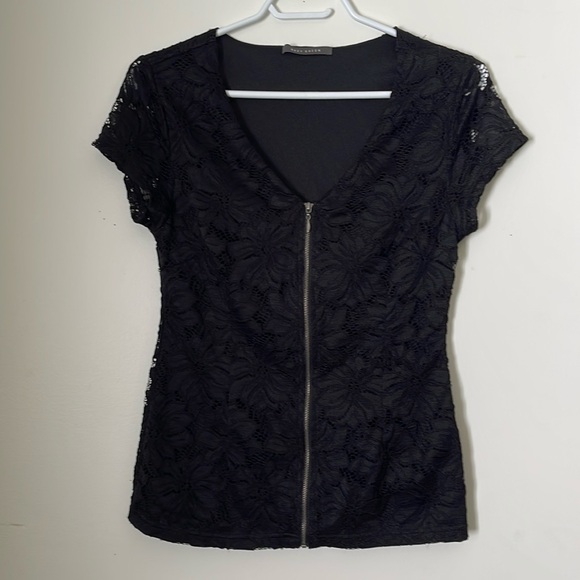 Black lace short sleeve zip up - Picture 1 of 5